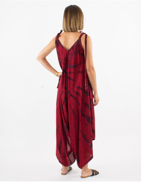 Combi pantalon légère pour l'été originale Tie and Dye rouge avec nœud sur les épaules