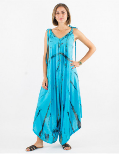 Combinaison de plage asymétrique baba cool Tie and Dye bleu turquoise pour femme