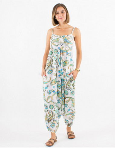 Combinaison pantalon originale boho à motifs cachemire bariolé et vert menthe pour femme