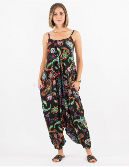 Combinaison pantalon originale boho à motifs cachemire bariolé et noir pour femme