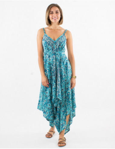 Asymmetrical jumpsuit woman boho original flowery blue paisley print