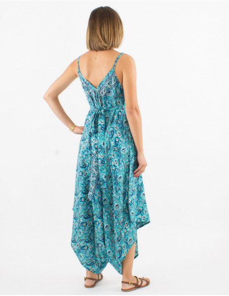 Combi pantalon de plage original asymétrique pour femme à imprimé fleuri bleu