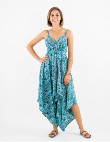 Original baba cool summer flowing jumpsuit with golden blue flower pattern