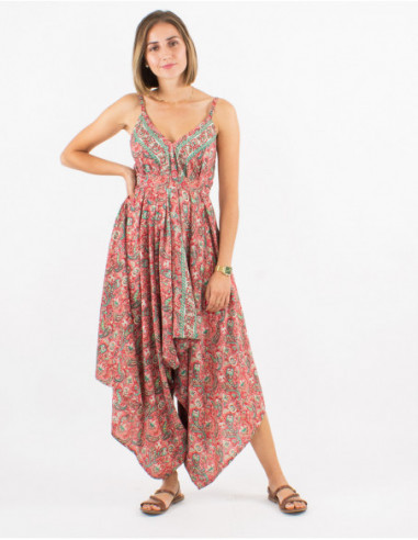 Asymmetrical jumpsuit woman boho original flowery orange coral paisley print