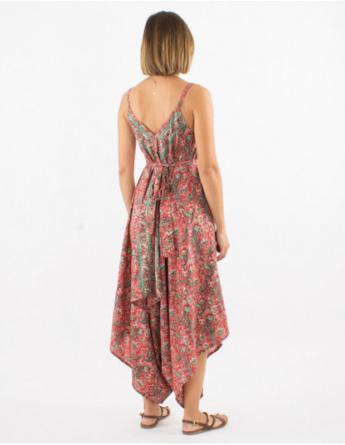 Women's original asymmetrical beach pant suit with coral pink floral print