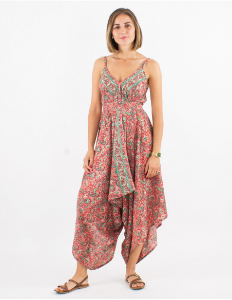 Original baba cool summer flowing jumpsuit with golden orange coral flower pattern
