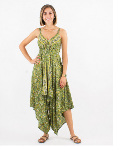 Asymmetrical jumpsuit woman boho original flowery khaki green paisley print