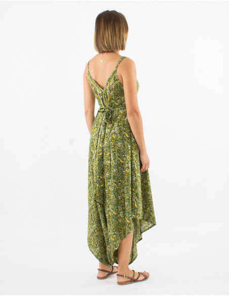 Women's original asymmetrical beach pant suit with khaki green floral print