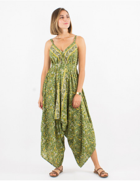 Combinaison fluide d'été baba cool originale à motif fleuri doré vert kaki