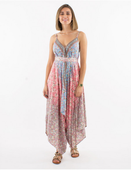 Romantic asymmetrical beach jumpsuit Tie and Dye pastel floral salmon pink