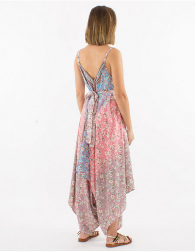 Asymmetrical pantsuit for summer 2023 original pastel pattern flowers salmon pink