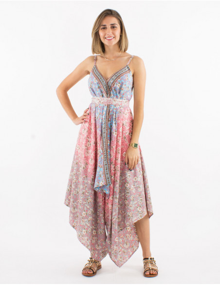 Original pastel baba cool beach jumpsuit for summer with small salmon pink flowers