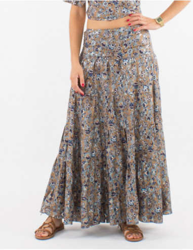 Long skirt boho chic silver floral pattern gray