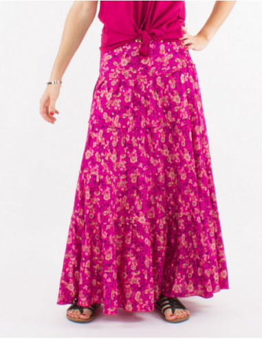 Long skirt with small ruffles bohemian flowers pink fuchsia