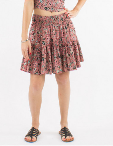 Short skirt with ruffles and smocks printed silver floral pink