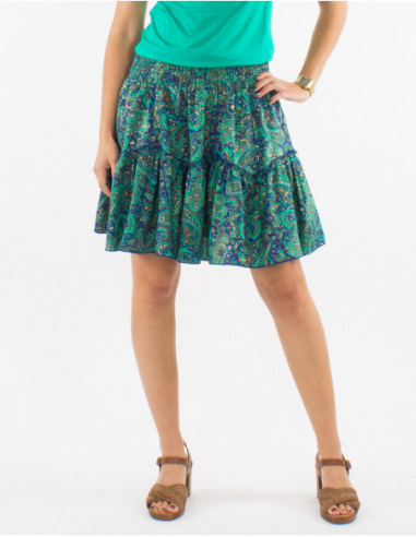 Short bohemian ruffled skirt with stitching and silver mint green paisley print