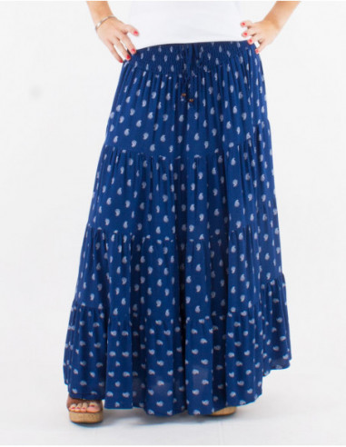 Long skirt with ruffles navy blue boho chic with gold patterns for summer 2023
