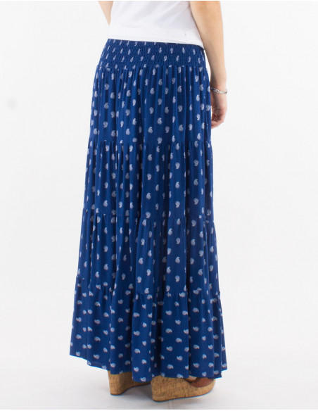 Navy blue long skirt in cotton with chic golden patterns