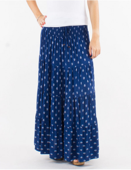 Navy blue long skirt with bohemian chic ruffles and small patterns