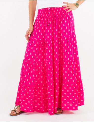 Long skirt with ruffles pink boho chic with gold patterns for summer 2023