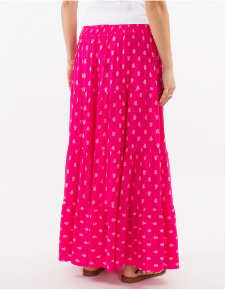 Jupe longue rose ample en coton à motifs chic dorés