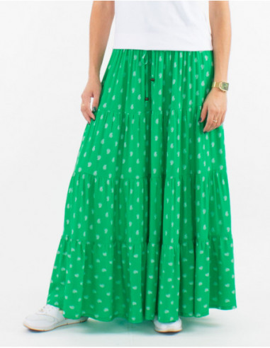 Long skirt with ruffles green boho chic with gold patterns for summer 2023