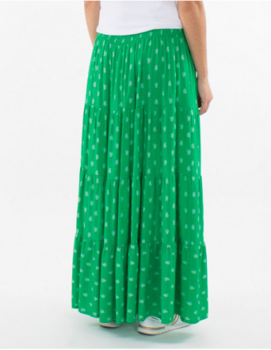 Green long skirt in cotton with chic golden patterns