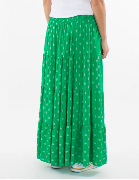 Jupe longue vert ample en coton à motifs chic dorés