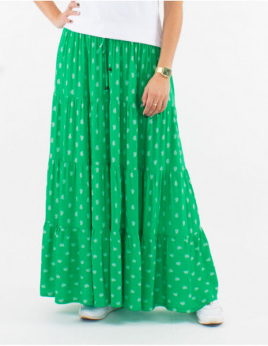 Green long skirt with bohemian chic ruffles and small patterns