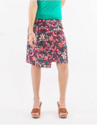 Short chic wrap skirt with bohemian print chocolate brown flower