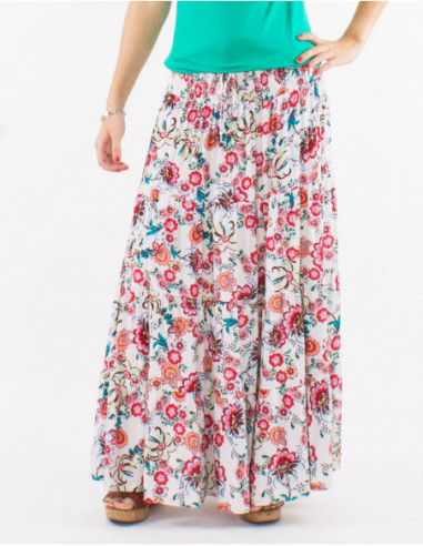 Floral boho long flowing skirt for spring 2023 with big flowers white print