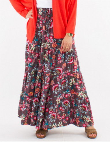 Floral boho long flowing skirt for spring 2023 with big flowers chocolate print