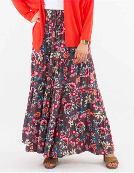 Jupe longue fluide boho fleurie pour le printemps 2023 à imprimé chocolat grosses fleurs