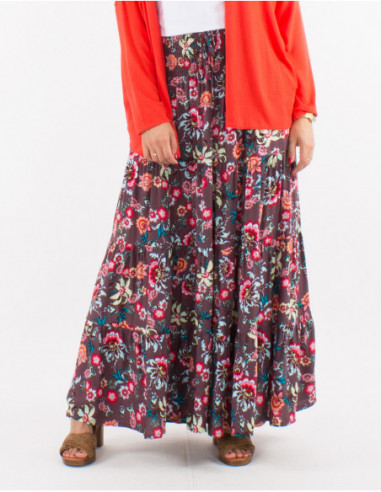 Jupe longue à volants originale romantique pour femme à motif fleuri marron chocolat