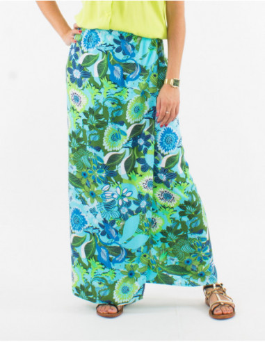 Jupe longue portefeuille baba cool à imprimé fleuri bleu