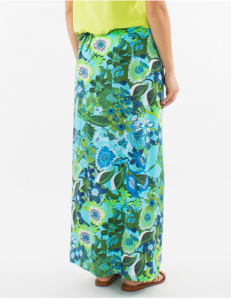 Original long wrap skirt for summer with blue floral baba cool pattern