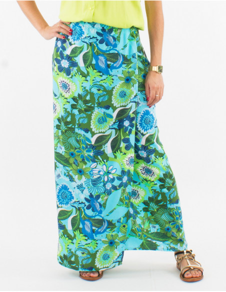 Long flowing wrap skirt with blue summer baba cool pattern