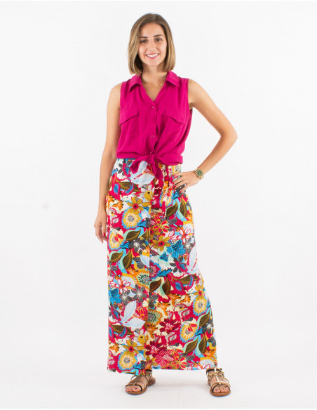 Colorful red summer look with bohemian chic long wrap skirt for women