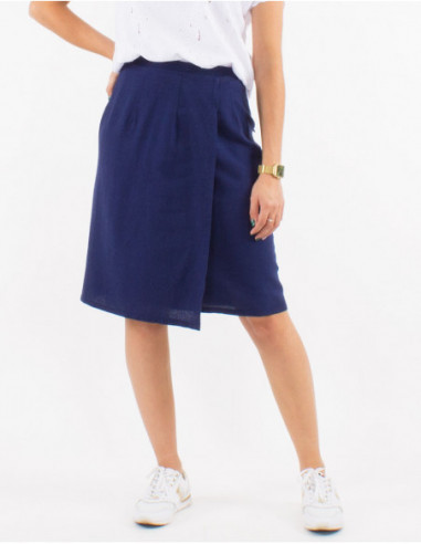 Spring mid-length wrap skirt with basic plain navy blue linen