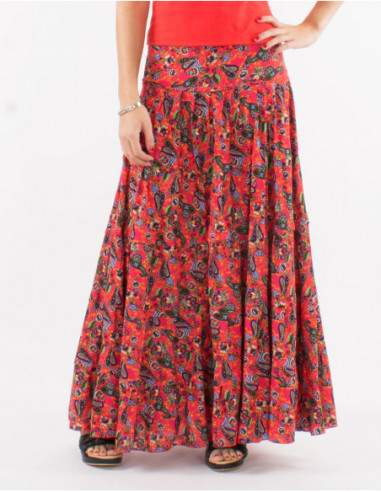 Romantic bohemian long skirt with coral pink floral print for spring
