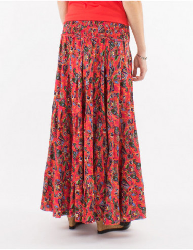 Jupe longue espagnole originale boho à volants et motif petites fleurs rose corail