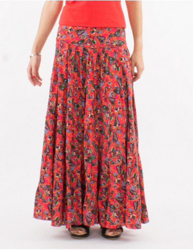 Long skirt with ruffles bohemian woman for the summer with flowery chic print coral pink