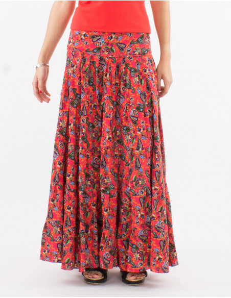 Long skirt with ruffles bohemian woman for the summer with flowery chic print coral pink