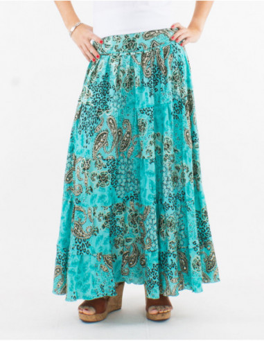 Long flowing skirt with udder for spring in blue silver paisley print