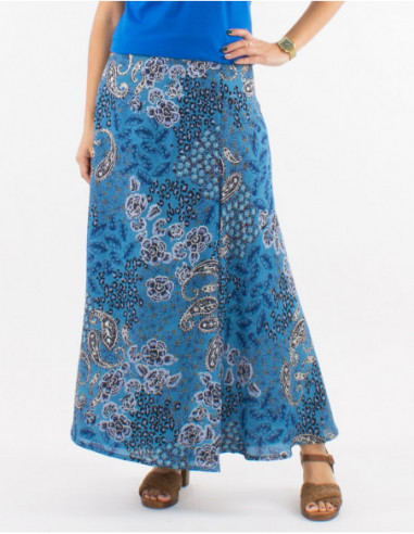 Original long wrap skirt with golden paisley print blue