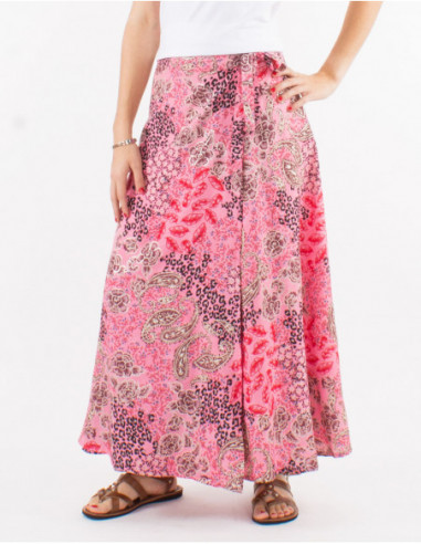 Original long wrap skirt with golden paisley print pink