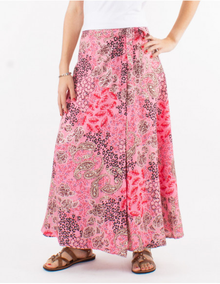 Original long wrap skirt with golden paisley print pink