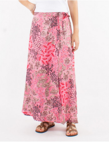 Jupe longue portefeuille à nouer sur la taille féminine chic avec motif boho cachemire argenté rose