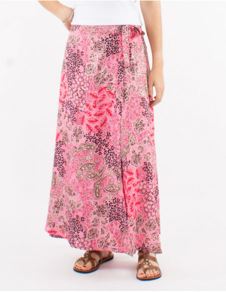 Jupe longue portefeuille à nouer sur la taille féminine chic avec motif boho cachemire argenté rose