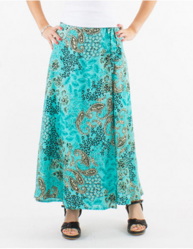 Original long wrap skirt with golden paisley print turquoise blue